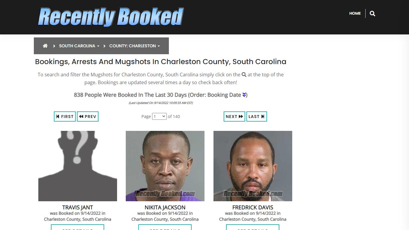 Bookings, Arrests and Mugshots in Charleston County, South Carolina